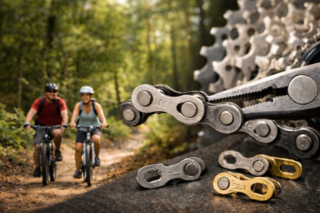What is a bike chain master link? A couple enjoying a bike ride through a forest trail, alongside a close-up of pliers disconnecting a bike chain master link.