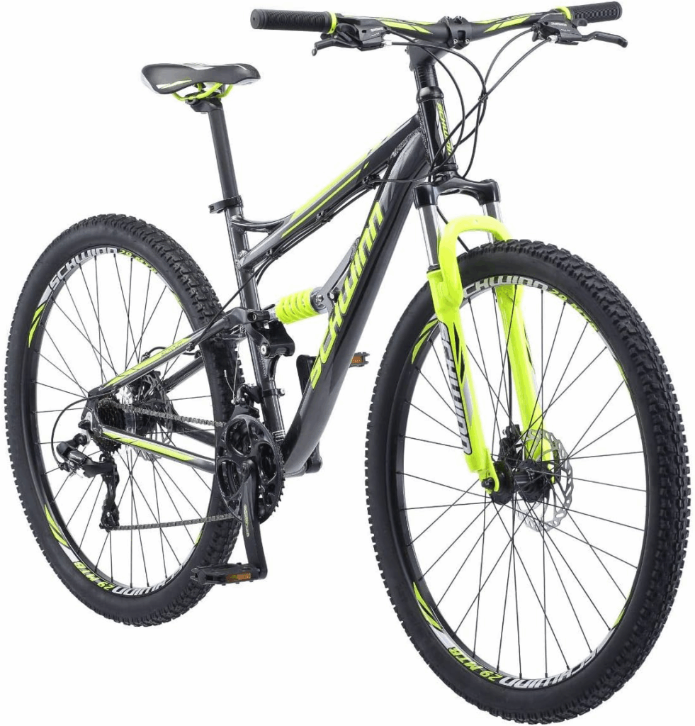 Schwinn Traxion mountain bike under 500 with dual suspension fork ready for trail riding