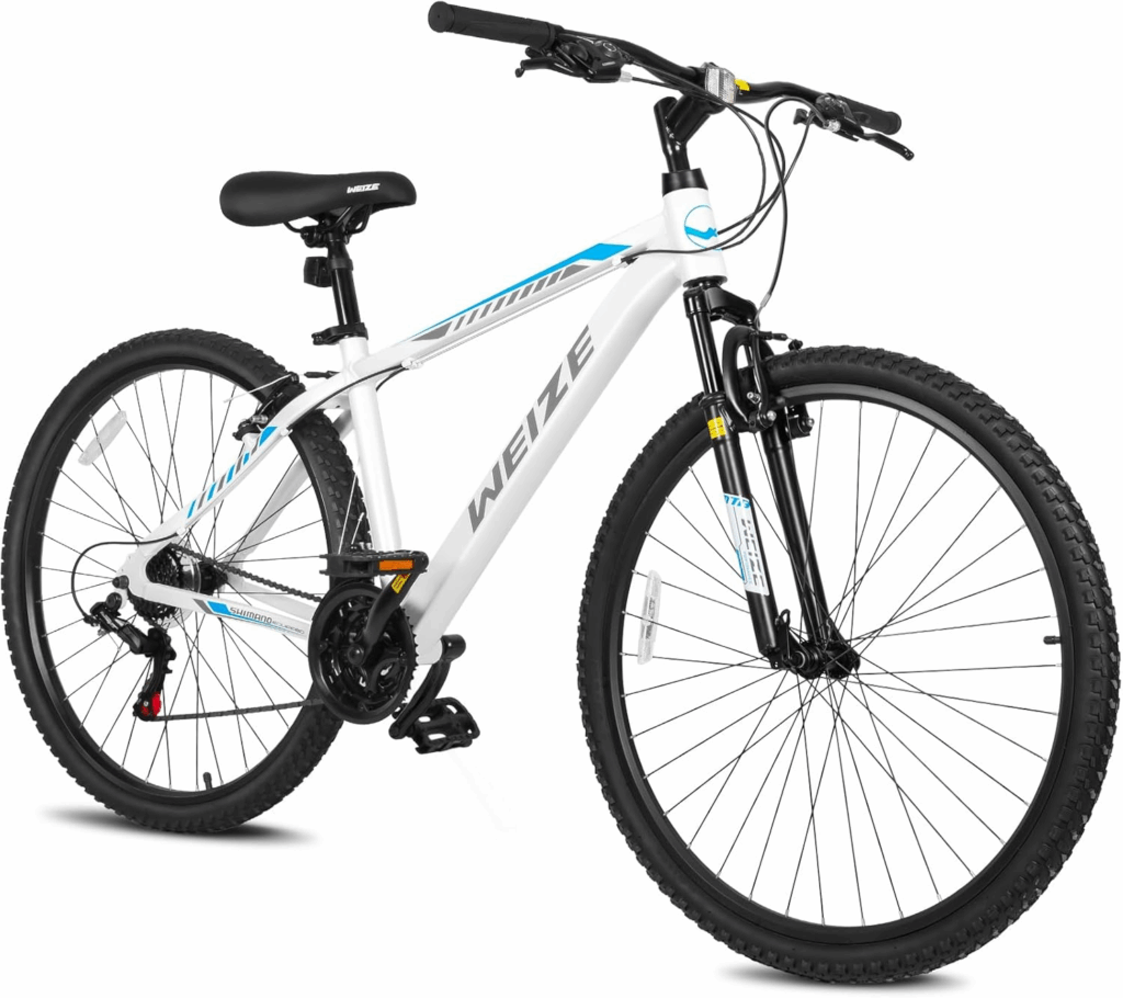 WEIZE hardtail mountain bike under 500 with aluminum frame and mechanical disc brakes for trails