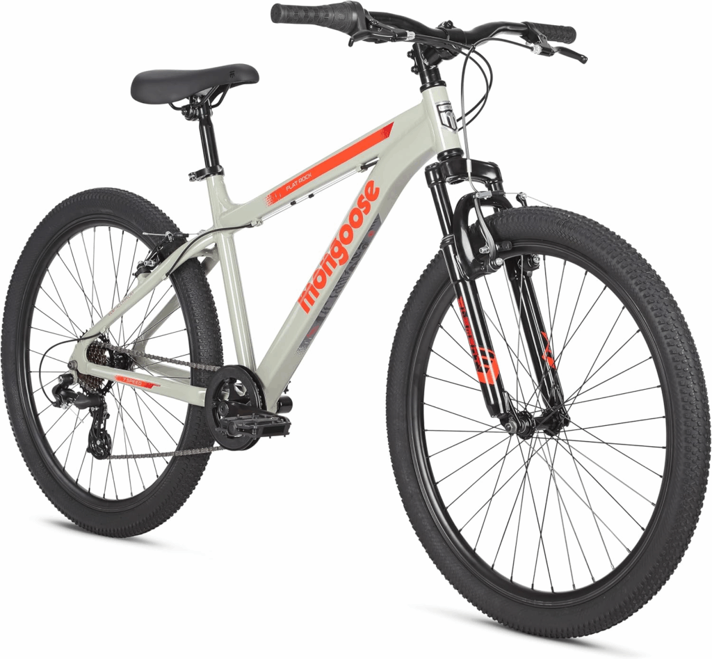 Mongoose Flatrock mountain bike under 500 with steel frame and 26-inch wheels for beginner trails