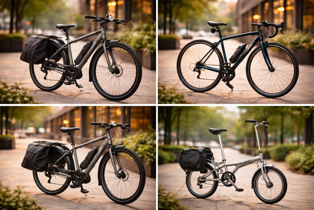 What is a commuter bike shown across hybrid, road, electric, and folding bike styles