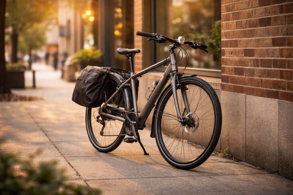 What is a commuter bike with practical accessories parked in an urban setting