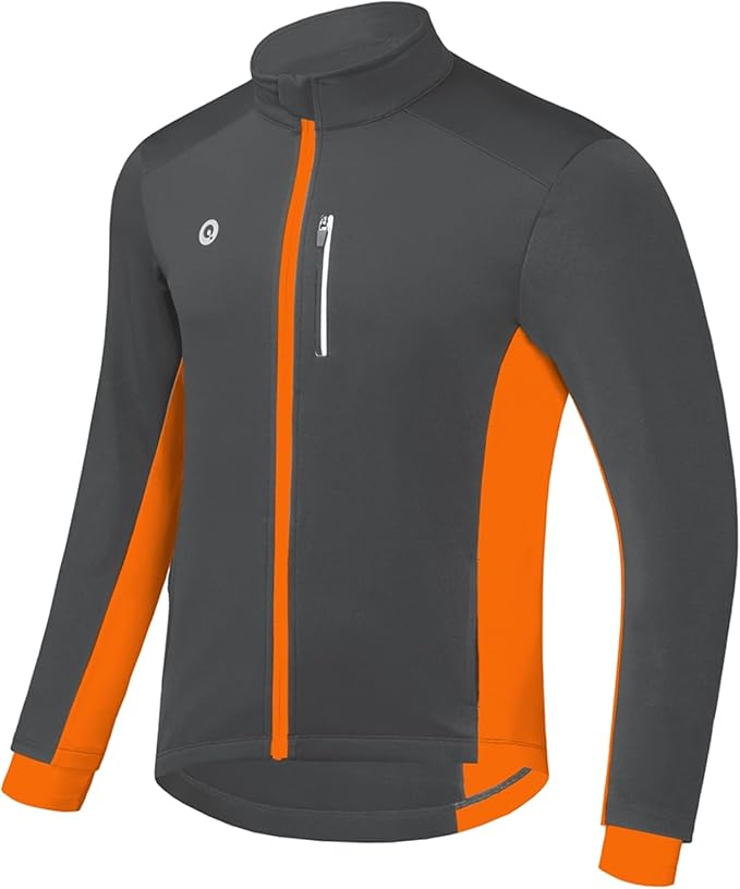 Dark gray and orange cycling jacket with full front zip, high collar, and streamlined fit, designed for comfort, visibility, and weather protection as one of the best jackets for bike commuting.