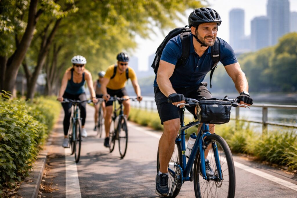 Group of cyclists riding hard along an urban greenway during a daily commute, demonstrating sustained effort and calorie burn measured with a cycling calorie calculator.