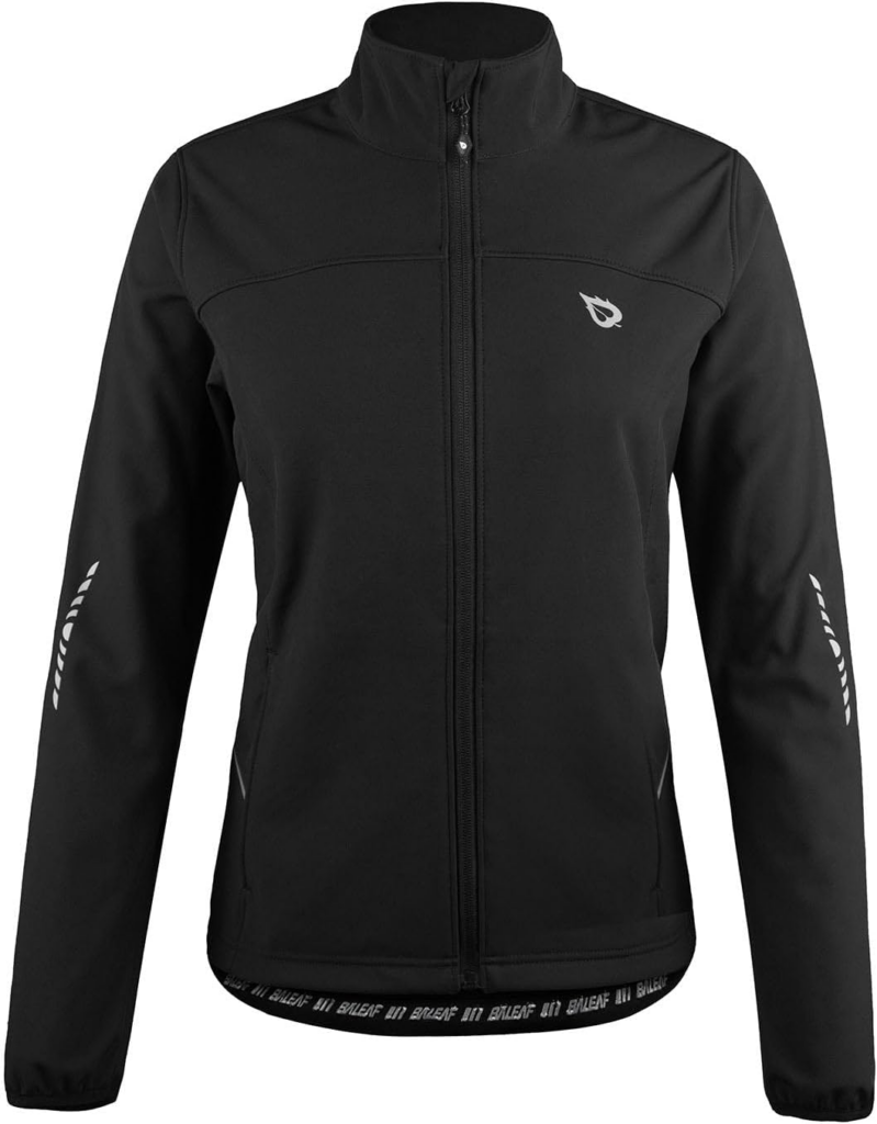 Black lightweight cycling jacket with full front zip, clean minimalist design, and subtle reflective sleeve accents, offering comfort and wind protection as one of the best jackets for bike commuting.