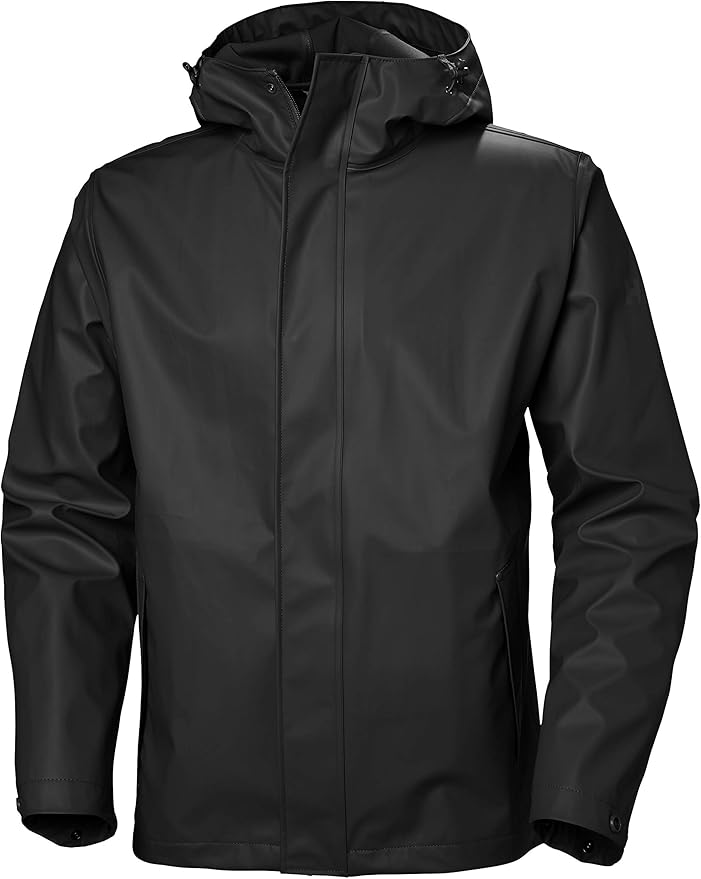 Black waterproof hooded cycling jacket with sealed seams, storm flap, and minimalist design for full rain protection, making it one of the best jackets for bike commuting in wet weather conditions.