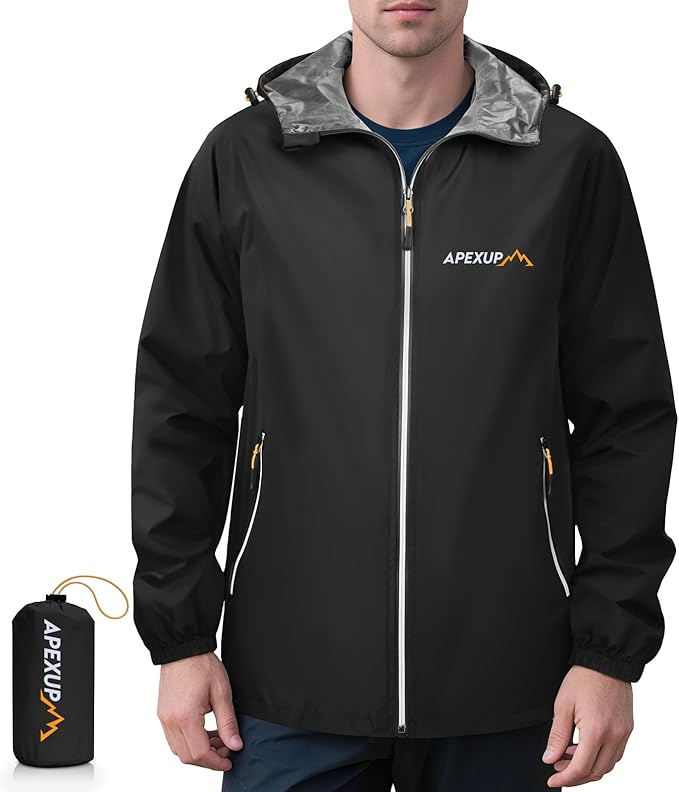 Lightweight black packable cycling jacket with hood, full front zip, and compact storage pouch, offering portable rain protection and versatility as one of the best jackets for bike commuting.