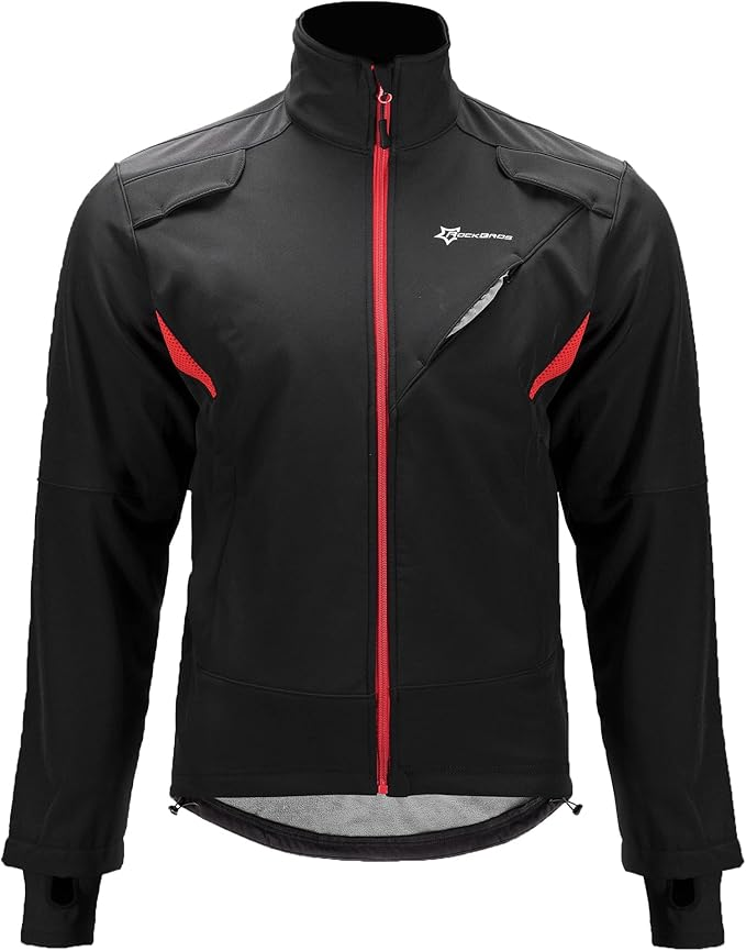 Black weather-resistant cycling jacket with red zipper accents, high collar, and ergonomic fit, designed for wind protection and comfort, making it one of the best jackets for bike commuting for daily riders.