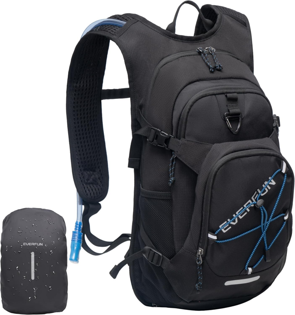 Black cycling backpack with hydration tube, multiple storage compartments, padded breathable straps, and included waterproof rain cover, designed for comfort and versatility as one of the best backpack for bike commuting for daily riders.
