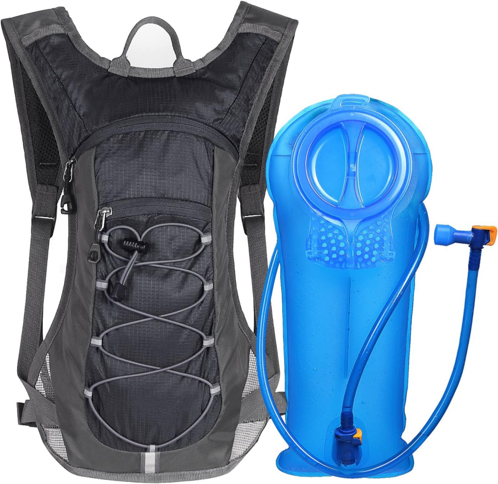 Lightweight black hydration cycling backpack with front elastic cord storage, breathable mesh panels, and included water bladder system, designed for comfort and endurance as one of the best backpack for bike commuting for daily riders.