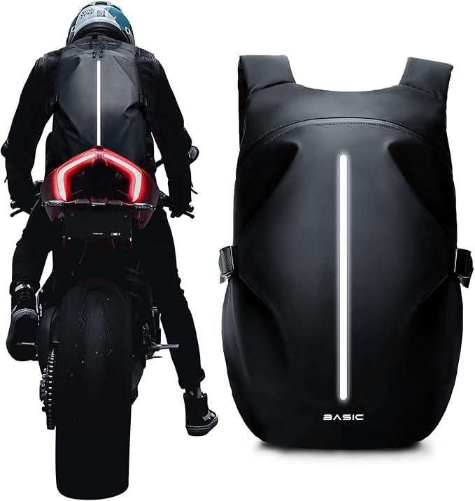 Sleek black hard-shell cycling backpack with vertical reflective strip, aerodynamic design, and secure fit for night visibility and urban riding, making it one of the best backpack for bike commuting for safety-focused commuters.