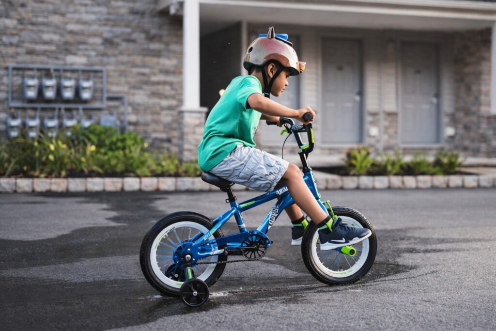 Best Bikes for 2 Year Olds: toddler learning to ride a small blue children’s bike with training wheels while wearing a helmet on a quiet neighborhood street
