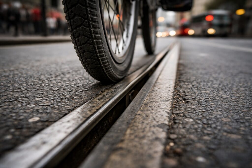 A bicycle wheel approaching embedded streetcar tracks at a shallow angle on a wet city road, illustrating the crossing hazard.