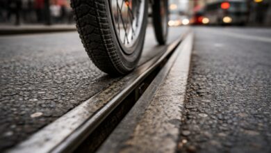 A bicycle wheel approaching embedded streetcar tracks at a shallow angle on a wet city road, illustrating the crossing hazard.