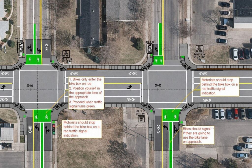 Bike box advanced stop line at urban intersection showing cyclist positioning area ahead of vehicle traffic line