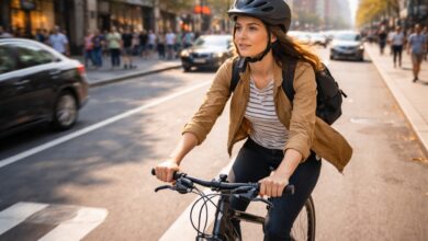 A confident cyclist navigating traffic on a busy urban street, illustrating awareness of the most common bike accidents