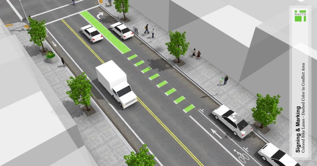 Green painted bicycle conflict zone at intersection showing turning vehicle conflict area for bike lane markings safety