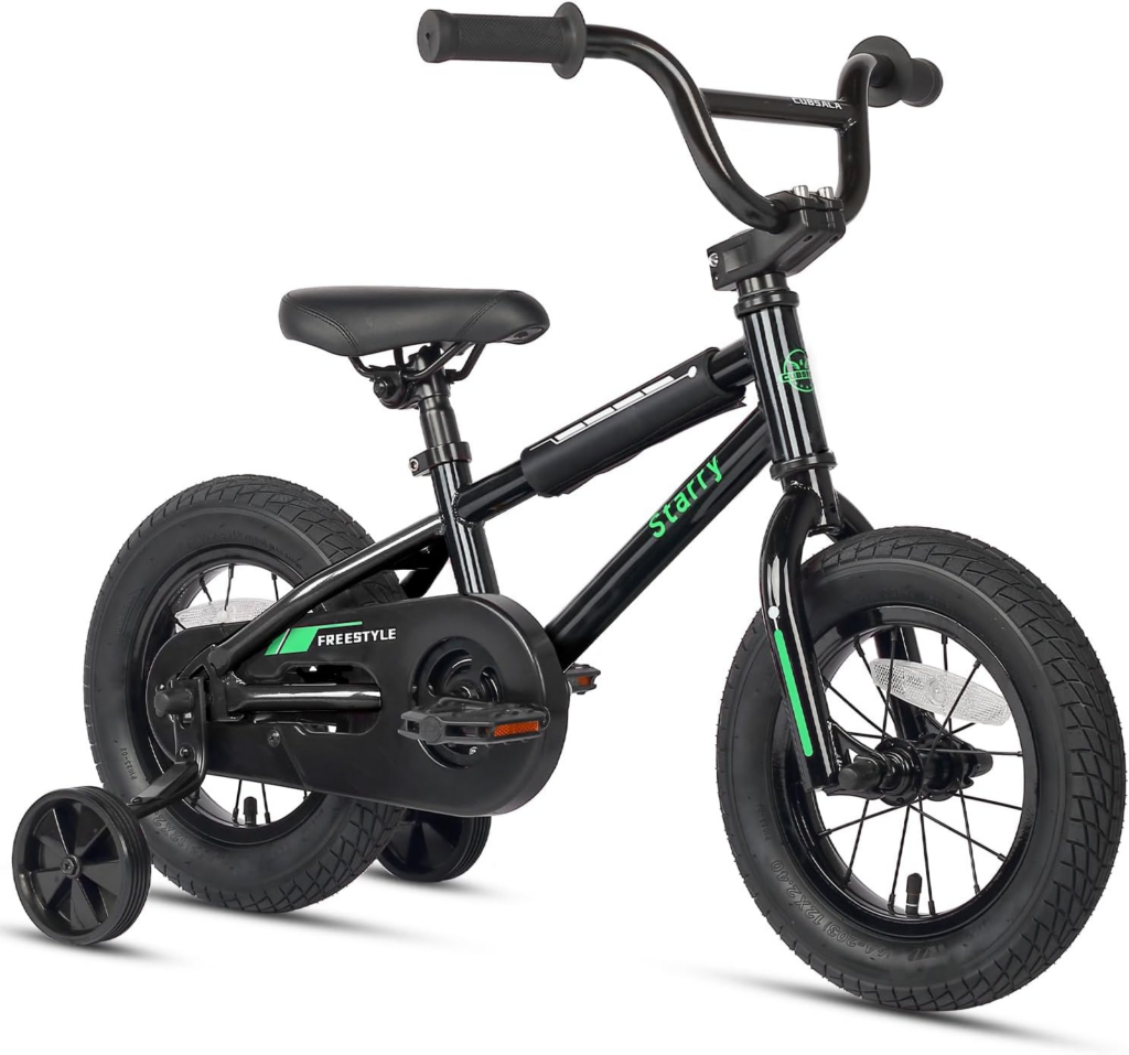 Best Bikes for 2 Year Olds: small black toddler bike with training wheels and compact frame designed for beginner riders learning to pedal
