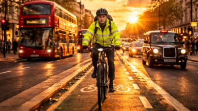 Cyclist using a dedicated bike lane on a busy urban street, demonstrating safe bicycle safety tips for city riding.