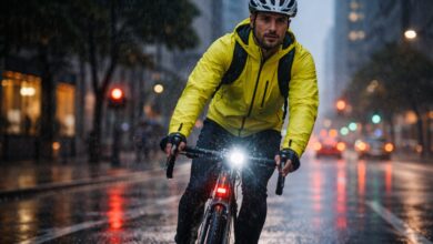 Urban cyclist riding a bike in the rain on a wet city street with lights and high-visibility jacket