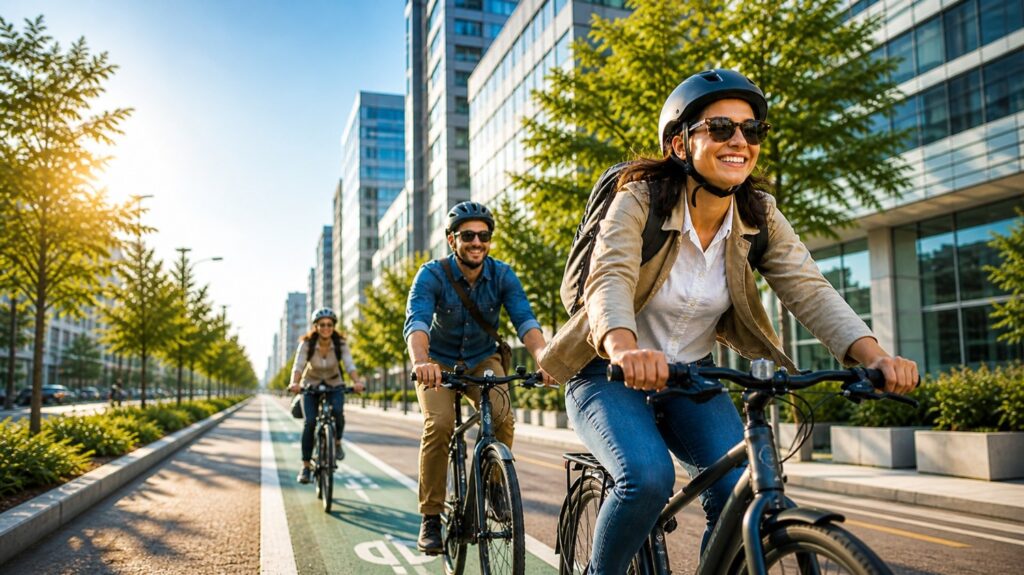 Three urban cyclists riding in a protected bike lane through a modern city, illustrating best budget commuter bikes for daily commuting and city travel