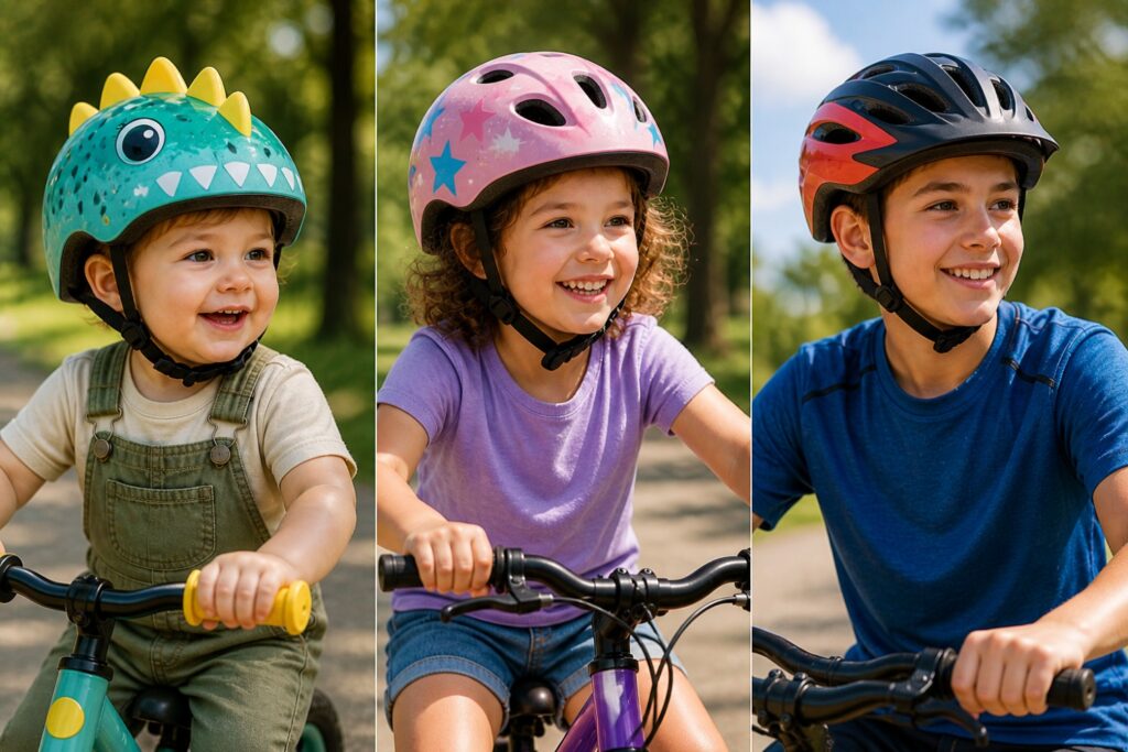 Best kids bike helmets shown on toddlers, young children, and youth riders wearing colorful, age-appropriate helmets while riding bikes outdoors on a sunny day