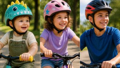 Best kids bike helmets shown on toddlers, young children, and youth riders wearing colorful, age-appropriate helmets while riding bikes outdoors on a sunny day