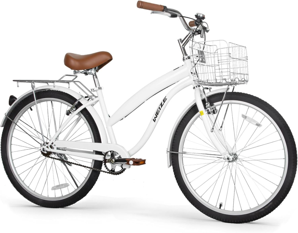 White step-through cruiser bike with front basket and rear rack, a comfortable choice among best budget commuter bikes for relaxed city commuting