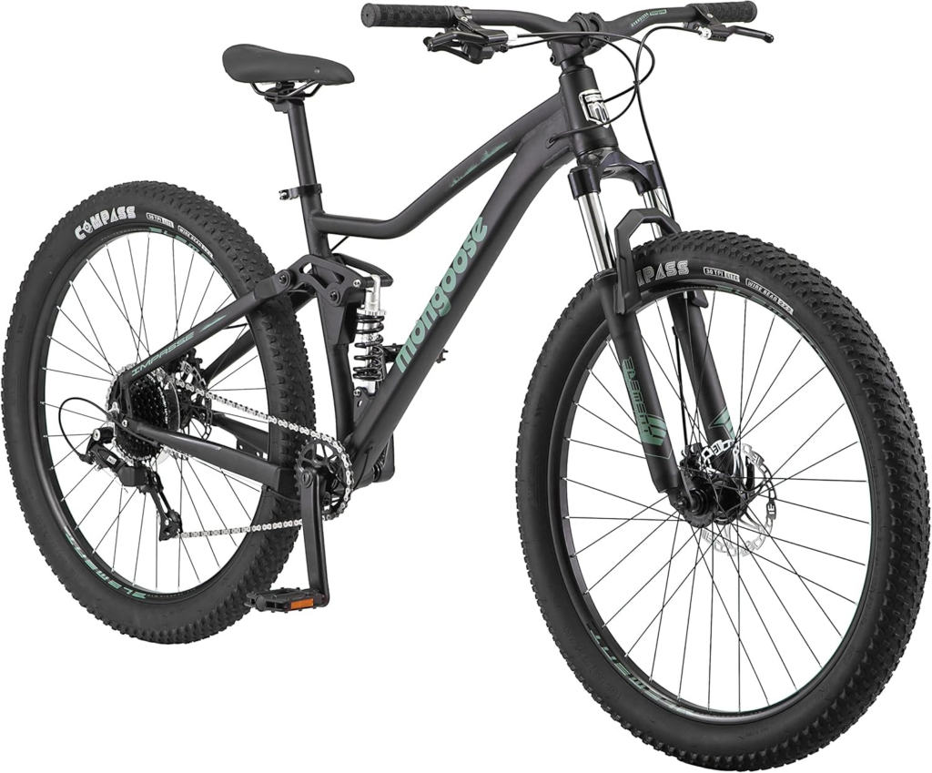 Black mountain bike with front suspension and knobby tires, a rugged option sometimes included in best budget commuter bikes for mixed terrain riding
