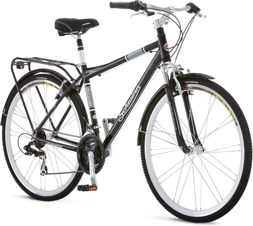 Black hybrid commuter bike with rear rack, front suspension, and upright handlebars, a reliable choice among best budget commuter bikes for daily city travel