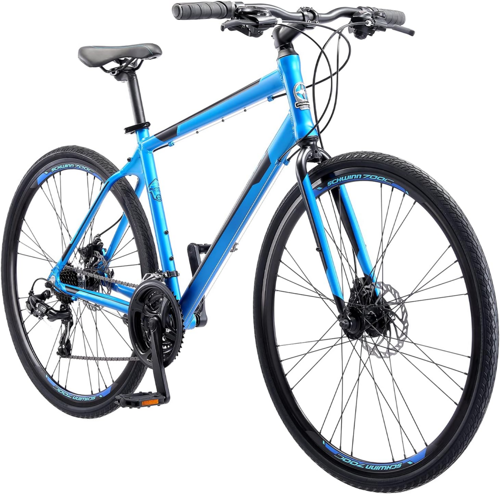 Blue hybrid commuter bike with flat handlebars and disc brakes, a versatile option among best budget commuter bikes for efficient city riding