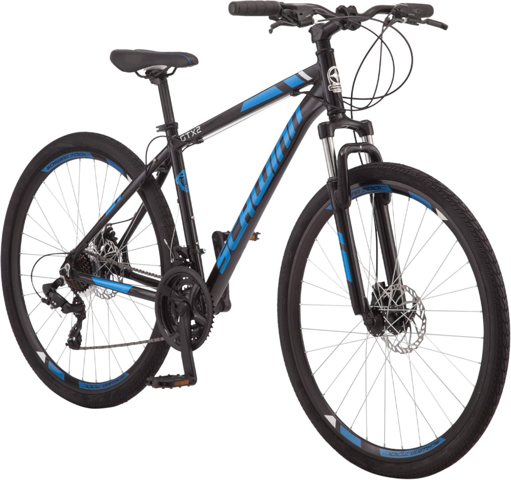 Black and blue hybrid commuter bike with front suspension and disc brakes, a durable choice among best budget commuter bikes for everyday urban riding