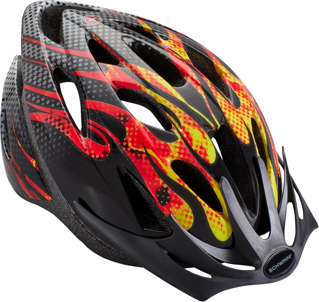 Best kids bike helmets youth bike helmet with black shell, flame graphics in red and yellow, aerodynamic vents, and adjustable fit for older kids