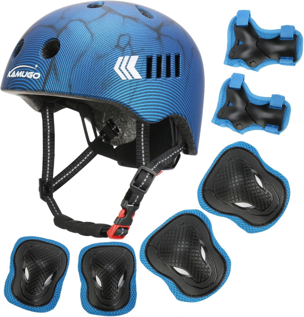 Best kids bike helmets blue skate-style kids helmet with adjustable straps and included protective pads for knees, elbows, and wrists on white background